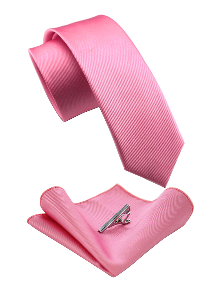 Skinny Tie Men - 男性用シルクネクタイ,2.4インチ,無地,ピンク,ポケット,スクエアクリップ,高級アクセサリー,ウェディングパーティー用